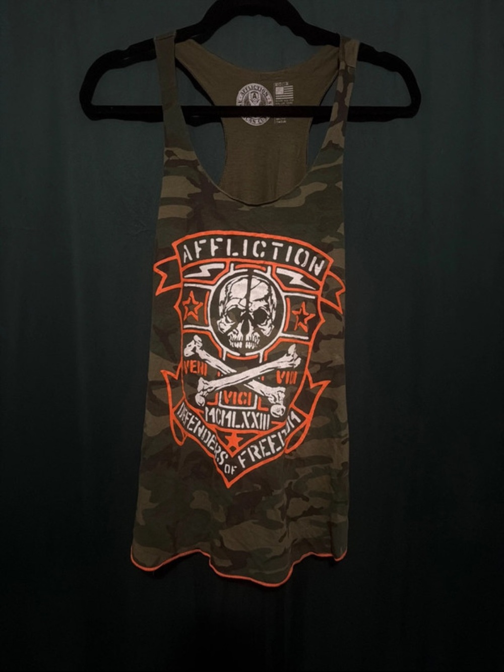 Affliction Olive Camo Racerback Tank with Orange Skull Graphic